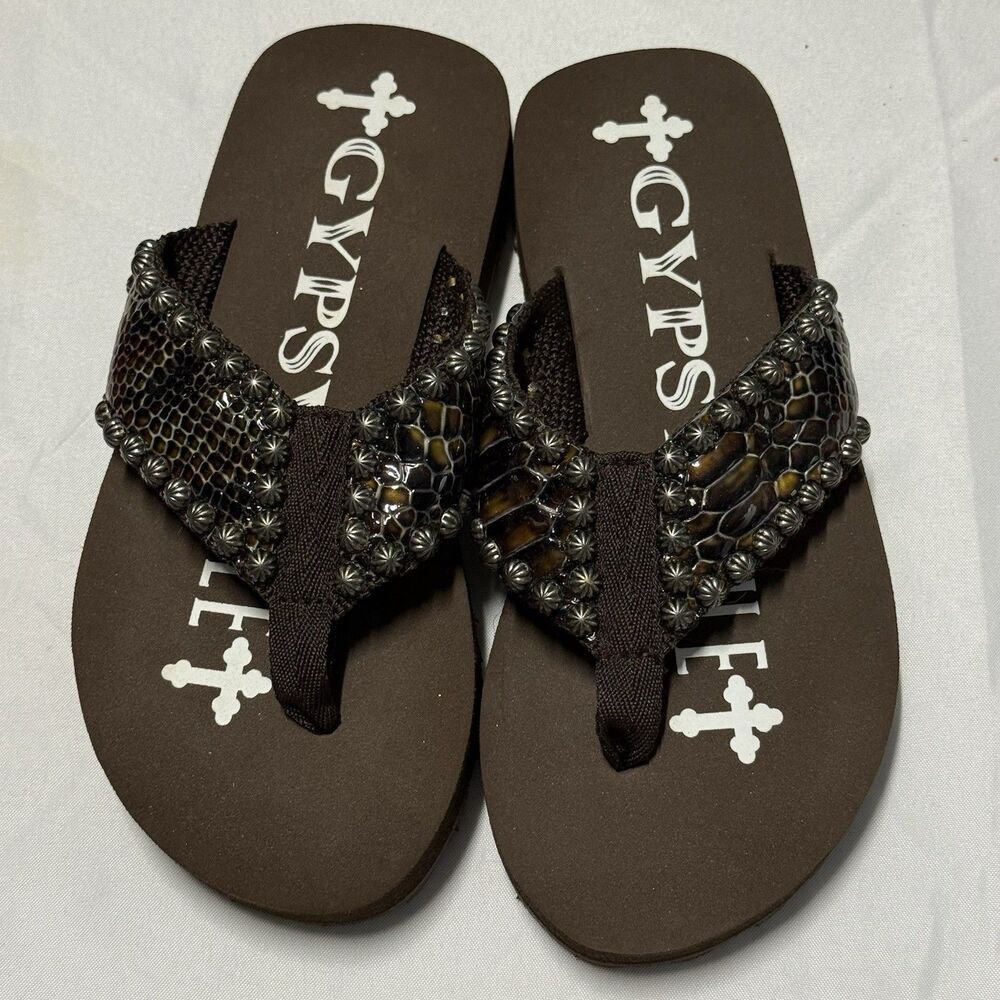 Gypsy Soule Studded Snakeskin Flip Flops Women’s SZ 7 Brown, Western, Sandals - Picture 8 of 16